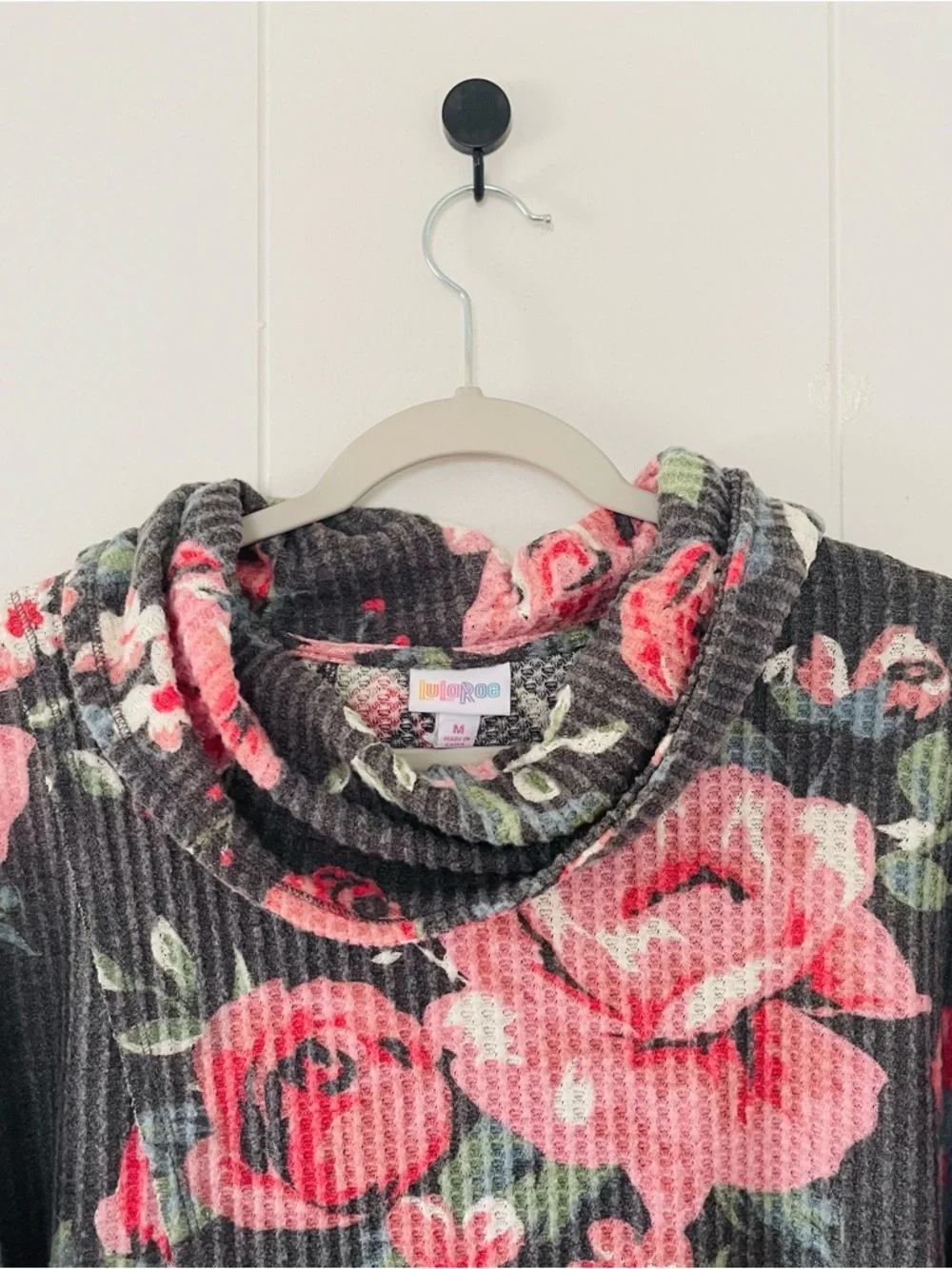 LuLaRoe Charcoal Sweater with Pink Rose Print